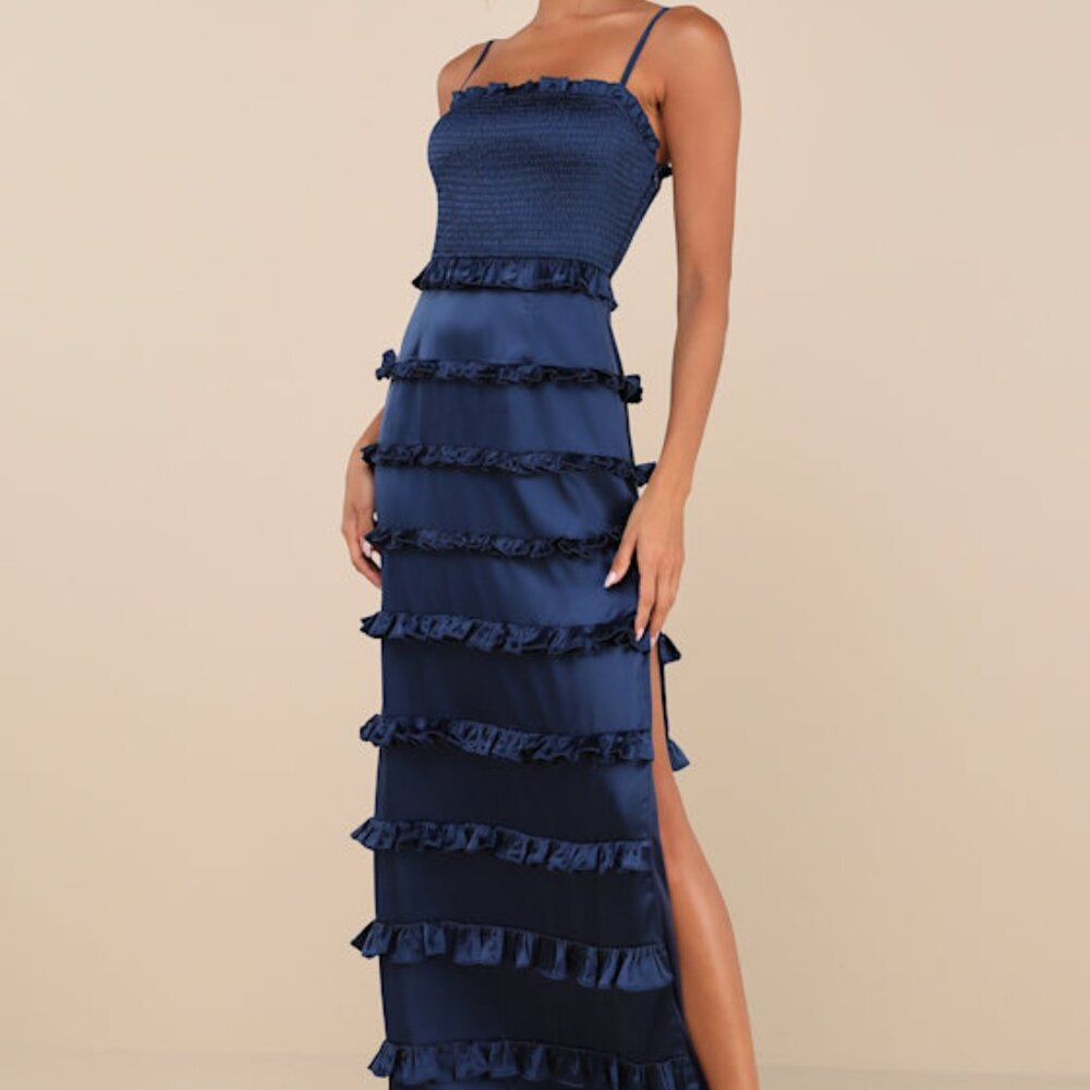 Lulus Sincerely Fabulous Navy Blue Satin Smocked Ruffled Maxi Dress - Size S